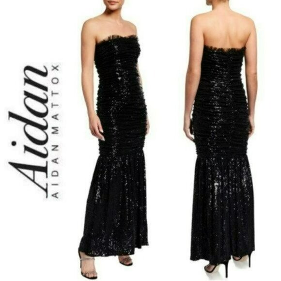 NWT Aidan Mattox Ruched Sequin Strapless Gown Party Cocktail Maxi Dress